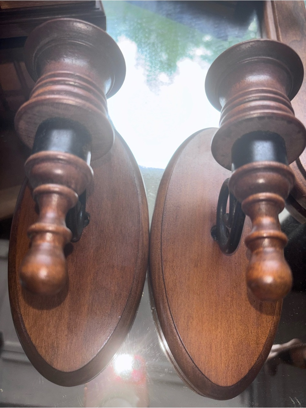 Homco vintage Wooden Turned Wall Sconces - Pair in Warm Brown.